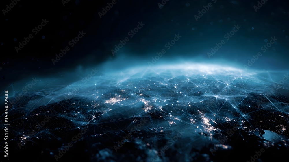 Obraz premium Digital representation of a global network connecting city lights at night symbolizing modern technology communication and interconnectedness across