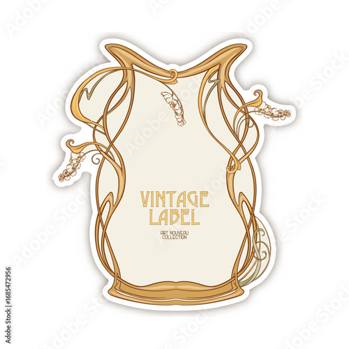 Decorative flowers and leaves in art nouveau style, vintage, old, retro style. Border, frame, template for product label, cosmetic packaging. Easy to edit. Vector illustration.