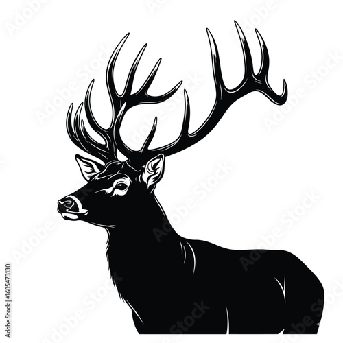 Black silhouette illustration of a deer with large antlers on white background