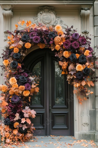 Beautiful Autumn Floral Arch Decorates a Grand Entrance in a Historic Building