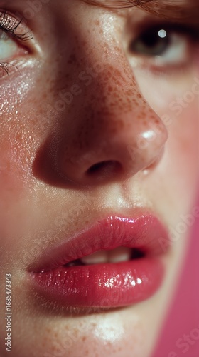 Close-up of Model Showcasing Freckles and Glossy Lips Against a Vibrant Pink ...