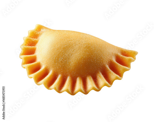 Close-up of a single, golden-tan, filled pasta dumpling.  Pleated edges