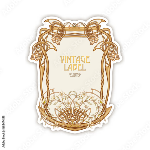 Decorative flowers and leaves in art nouveau style, vintage, old, retro style. Border, frame, template for product label, cosmetic packaging. Easy to edit. Vector illustration.