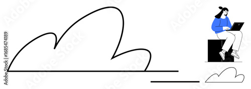 Woman sitting on a black block holding a laptop with a large abstract cloud outline. Ideal for remote work, technology, cloud storage, creativity, communication, networking, simple flat metaphor