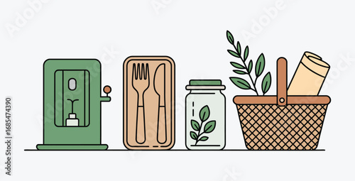 Eco Friendly Kitchen and Picnic Supplies Illustration with Sustainable Living Essentials in a Vector Art Composition Representing Conscious Consumerism