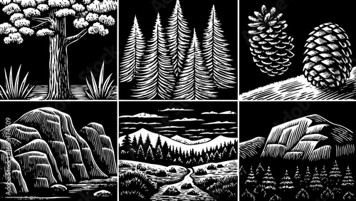rustic national park life concept illustrated with a hand drawn doodle icon set, featuring trees, mountains, rocks, and pine elements, ideal for outdoor design projects, nature themes, and creative