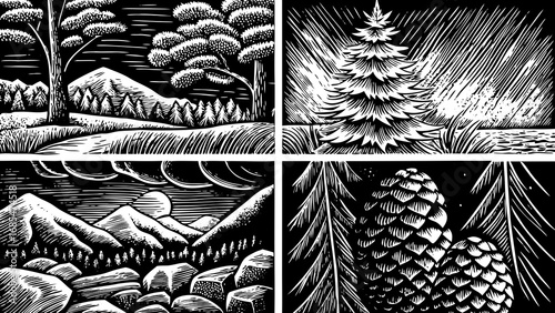 rustic national park life concept illustrated with a hand drawn doodle icon set, featuring trees, mountains, rocks, and pine elements, ideal for outdoor design projects, nature themes, and creative