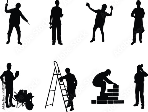 Construction worker silhouettes, builders with tools, masonry, ladder work, blueprint reading, manual labor, building industry, black vector icons, CAD drawing flat vector illustration