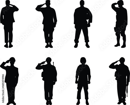 Military personnel saluting silhouettes, soldiers in uniform, army, navy, air force, respect, discipline, armed forces, black vector icons, CAD drawing flat vector illustration