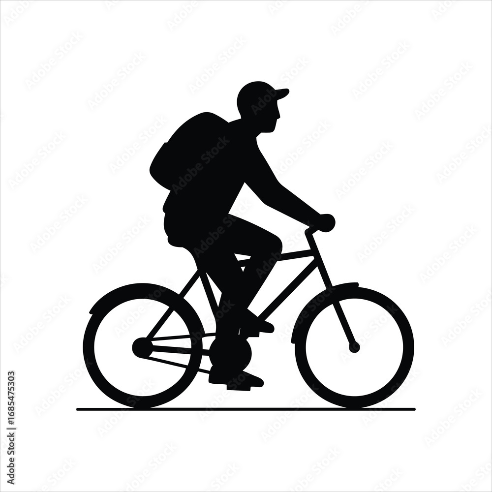 Fototapeta premium Silhouette of a person riding a bicycle with a backpack on a plain background