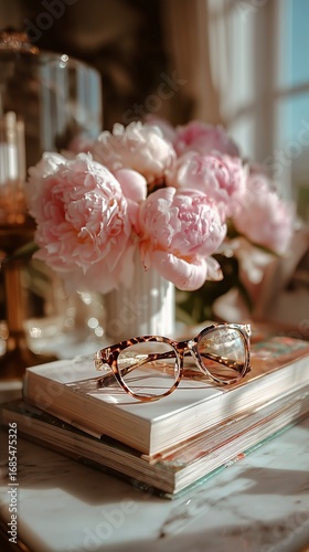 Decorative Eyeglasses Resting on a Stack of Books Near a Bouquet of Peonies i...