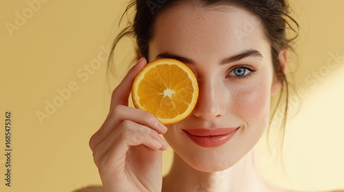 A young Caucasian woman with brown hair holds an orange slice to her eye. She has a bright smile and a natural makeup look against a yellow background.