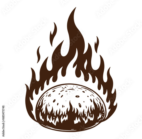 Artistic illustration of a burning sun or celestial body surrounded by flames in brown ink