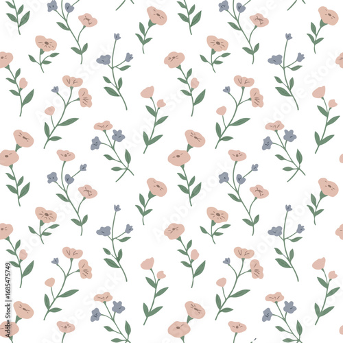 Seamless pattern of delicate pink and blue flowers with green leaves