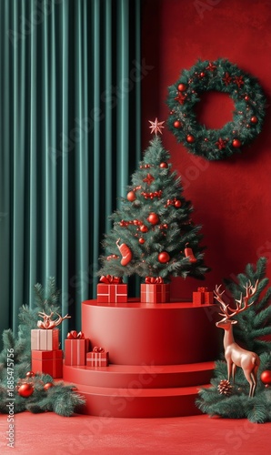 Festive Christmas Display Featuring a Decorated Tree and Deer in a Cozy Indoo...