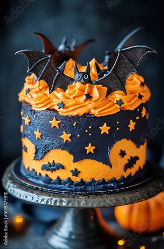 Spooky Halloween Cake Decorated With Orange Frosting and Bat Designs on a Cak...
