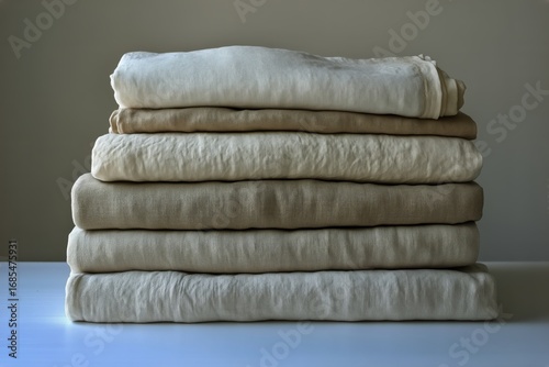 Stacked Linen Fabric in Neutral Tones on Wooden Surface Showcasing Textile Va...