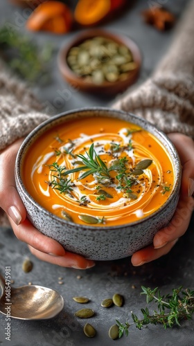 Warm Homemade Pumpkin Soup Served in a Bowl With Herbs and Seeds During Autum...