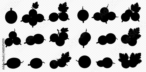 A collection of black gooseberry and currant silhouettes with and without leaves on a transparent background.