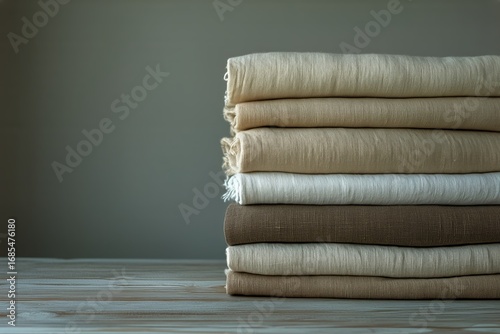 Stacked Linens in Neutral Tones Arranged on a Wooden Surface for a Minimalist...
