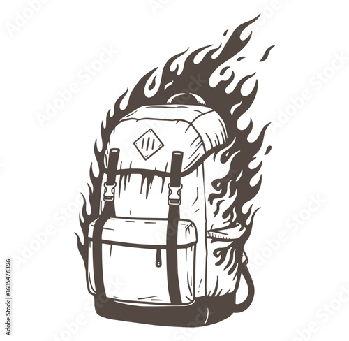 Burning backpack illustration symbolizing adventure overcoming challenges and passionate exploration