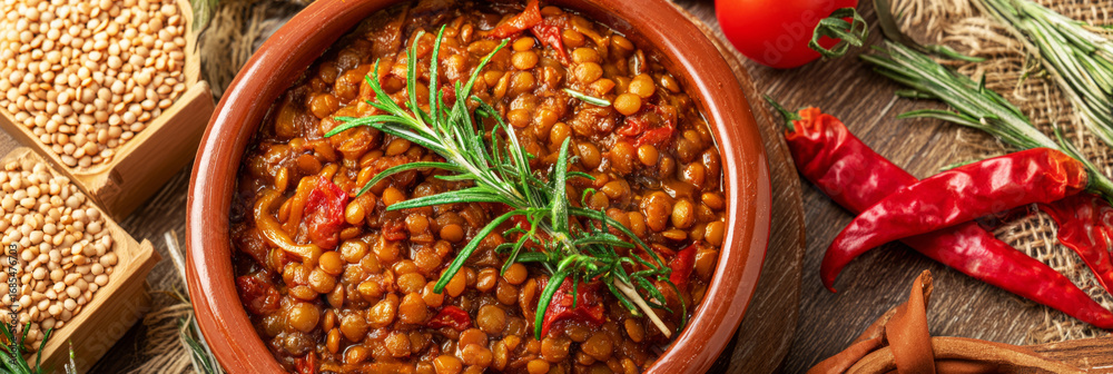 Fototapeta premium A rustic ceramic bowl filled with hearty lentil and vegetable stew, showcasing vibrant carrots, peppers, and herbs, perfect for enjoying during the cozy autumn months, banner