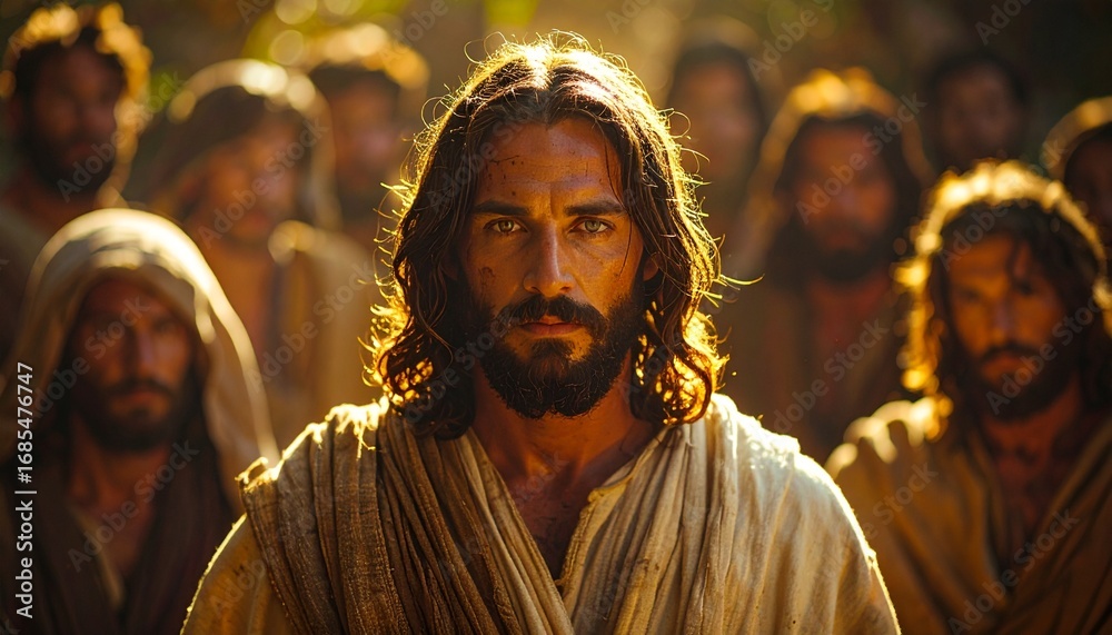 Naklejka premium Photorealistic close-up portrait of Jesus, surrounded by a crowd and his 12 disciples