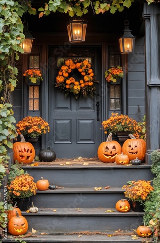Charming Autumn Decoration With Pumpkins and Flowers at a Cozy Home Entrance