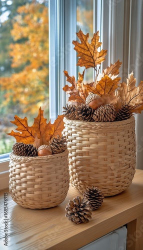 Baskets With Pine Cones and Autumn Leaves Arranged by a Sunny Window in a Coz...