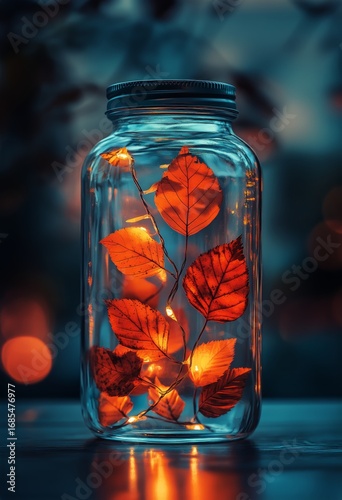 Captivating Jar Filled With Luminous Autumn Leaves and Warm Lights in an Even...