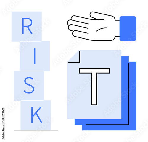 Hand in motion above stacked blocks spelling RISK next to layered documents. Ideal for risk assessment, decision-making, business strategy, data analysis, financial planning, teamwork, and simple