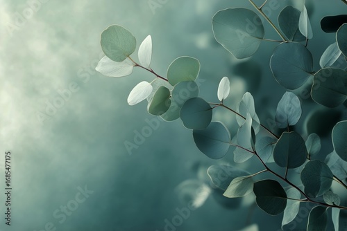 Green Eucalyptus Leaves Arranged Elegantly With Soft Lighting Highlighting Th...