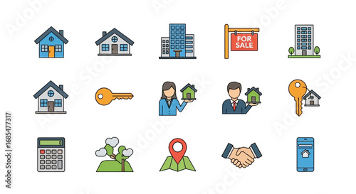Colorful real estate icon set with a hand-drawn outline style, depicting houses, agents, keys, and financial symbols for property business.