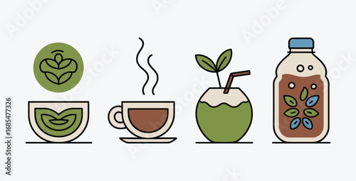 Healthy Beverage Collection Vector Illustration Featuring Matcha Tea Coffee Coconut Drink and Infused Water Promoting Wellness and Refreshment with a Clean Aesthetic