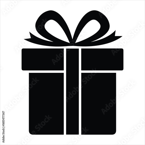 Simple black silhouette of a gift box tied with a ribbon bow offering celebration surprise