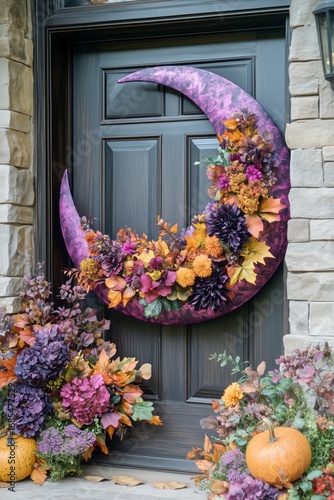 Fall Wreath With Purple Moon Design and Autumn Flowers Adorning a Front Door