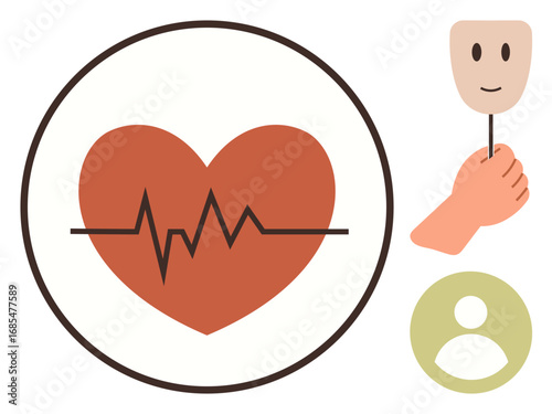 Red heart with heartbeat line, hand holding a smiling emotional mask, and user icon. Ideal for health, well-being, mental health, emotions, self-care identity connections. A simple flat metaphor