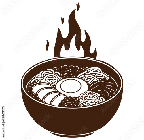 Delicious illustration of a bowl of bibimbap with a flame icon and a white background