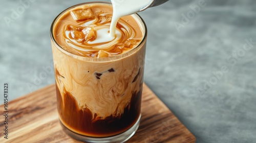 Delicious iced coffee with milk pouring in a glass on a wooden surface with natural texture and beautiful colors