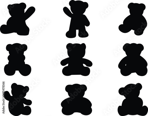Silhouette teddy bear poses, cute toy bear collection, sitting and standing positions, playful bear shapes, vector illustration for children, nursery, and decorative design