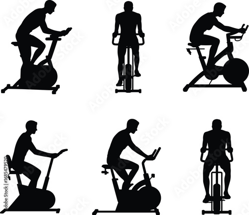 Silhouette person on stationary exercise bike, indoor cycling workout, fitness training, cardio exercise, gym equipment, healthy lifestyle, vector illustration for sports, wellness,