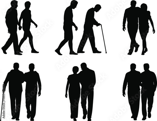 Silhouette people walking together, companionship, elderly support, friendship, family bond, caring relationships, mobility assistance, social connection, vector illustration for aging, healthcare,