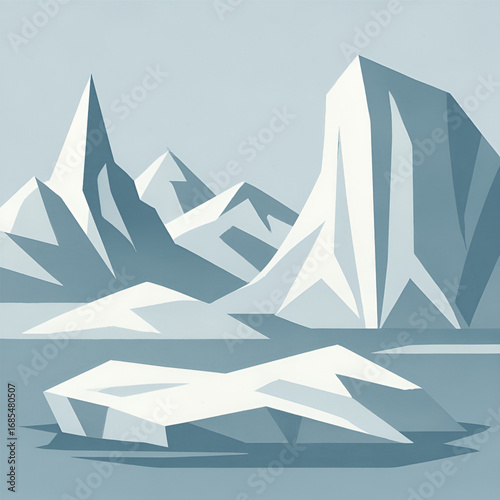 Minimal Arctic Landscape Illustration with Icebergs and Glaciers on Cold Sea