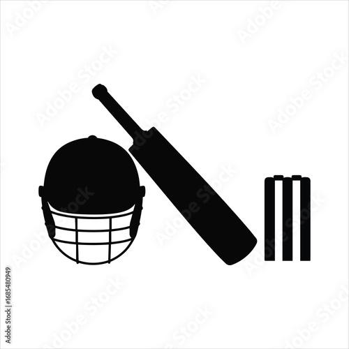 Cricket sports equipment silhouette showing bat helmet and wickets ready for match play