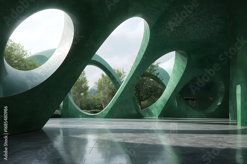 Modern Green Arched Outdoor Structure with Geometric Design