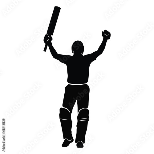 Silhouette of a triumphant cricket player raising bat and fist in celebration of victory sport achievement