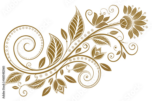 Vector art of elegant gold floral design, featuring intricate swirls, leaves, and flowers, perfect for adding a touch of sophistication