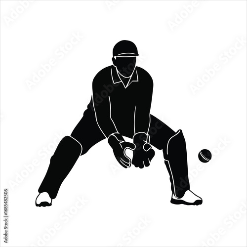 Cricket wicket keeper silhouette in catching pose ready to receive ball action shot