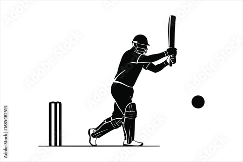 Dynamic silhouette of a cricket batsman swinging in action ready to hit the ball