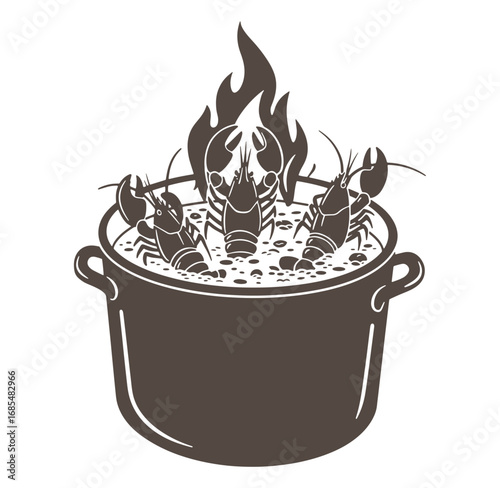 Illustration of a pot of boiling crawfish with flames above in a simple style